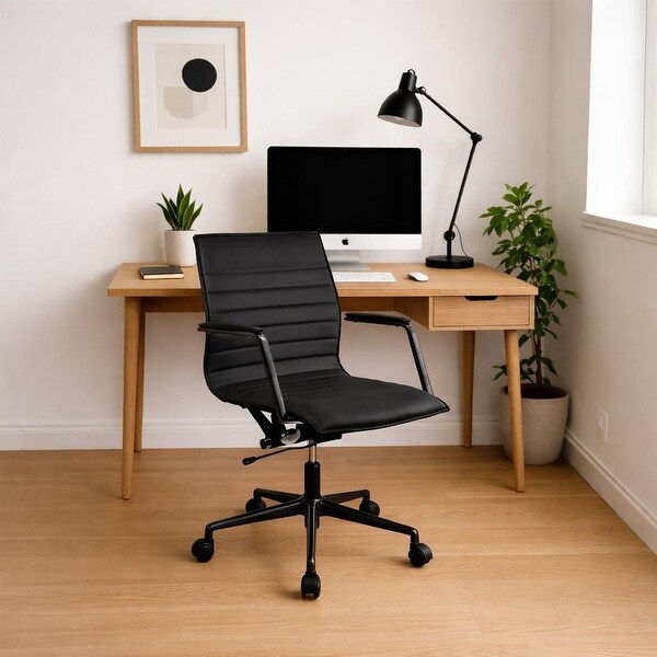 Modern Office Desk Chair | Upholstered PU Leather Ribbed Mid Back